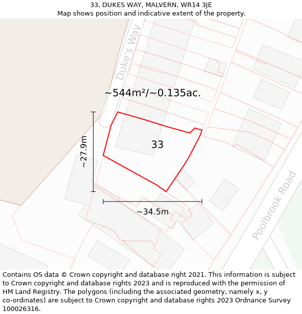 33, DUKES WAY, MALVERN, WR14 3JE: Plot and title map
