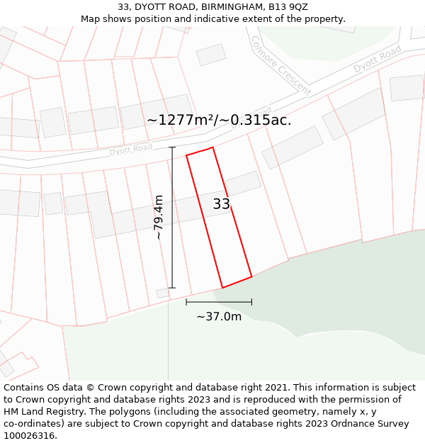 33, DYOTT ROAD, BIRMINGHAM, B13 9QZ: Plot and title map