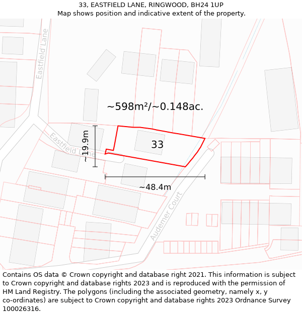 33, EASTFIELD LANE, RINGWOOD, BH24 1UP: Plot and title map