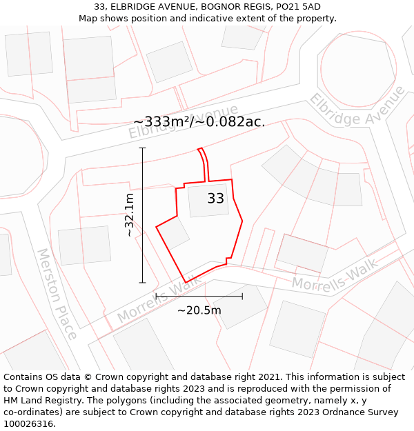 33, ELBRIDGE AVENUE, BOGNOR REGIS, PO21 5AD: Plot and title map