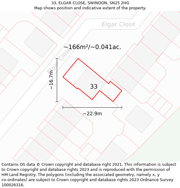 33, ELGAR CLOSE, SWINDON, SN25 2HG: Plot and title map