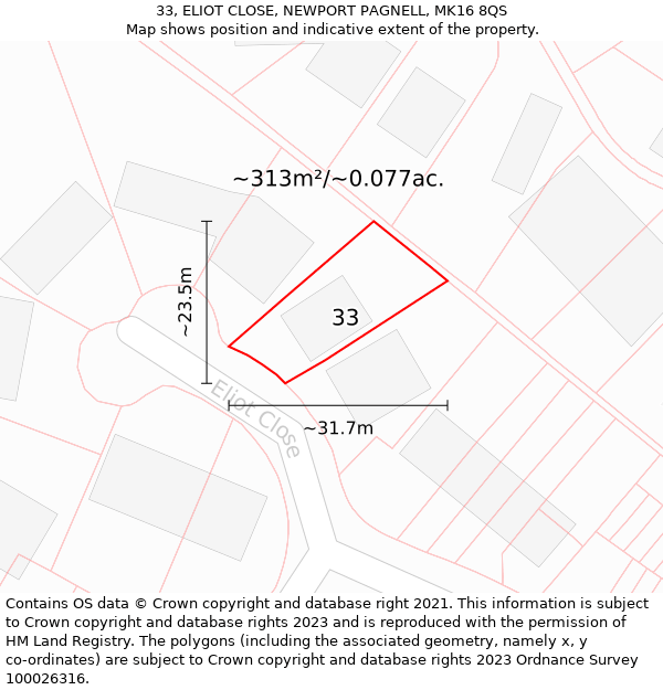 33, ELIOT CLOSE, NEWPORT PAGNELL, MK16 8QS: Plot and title map
