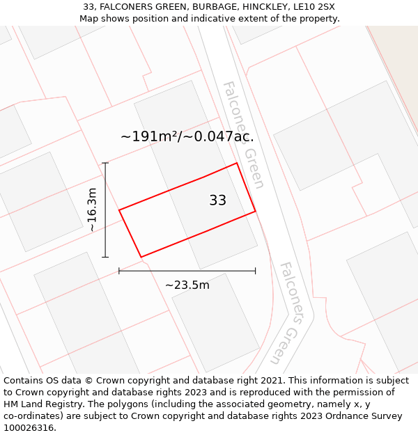 33, FALCONERS GREEN, BURBAGE, HINCKLEY, LE10 2SX: Plot and title map