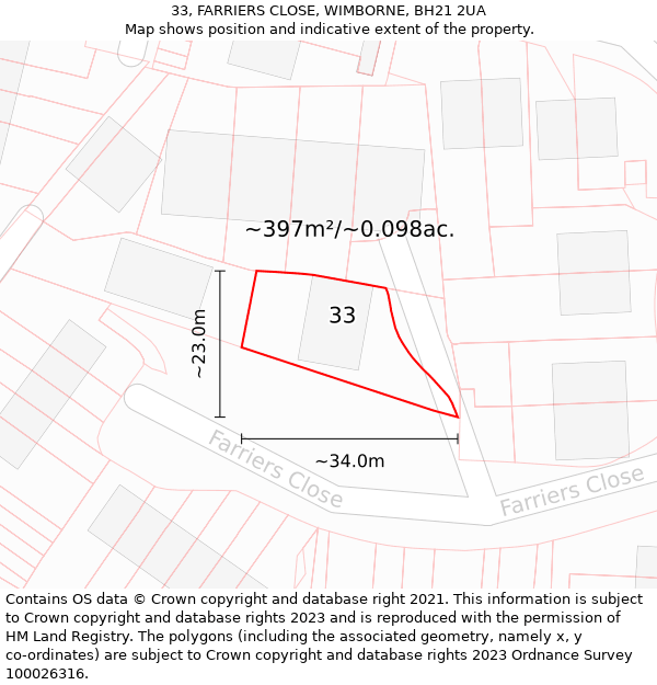 33, FARRIERS CLOSE, WIMBORNE, BH21 2UA: Plot and title map