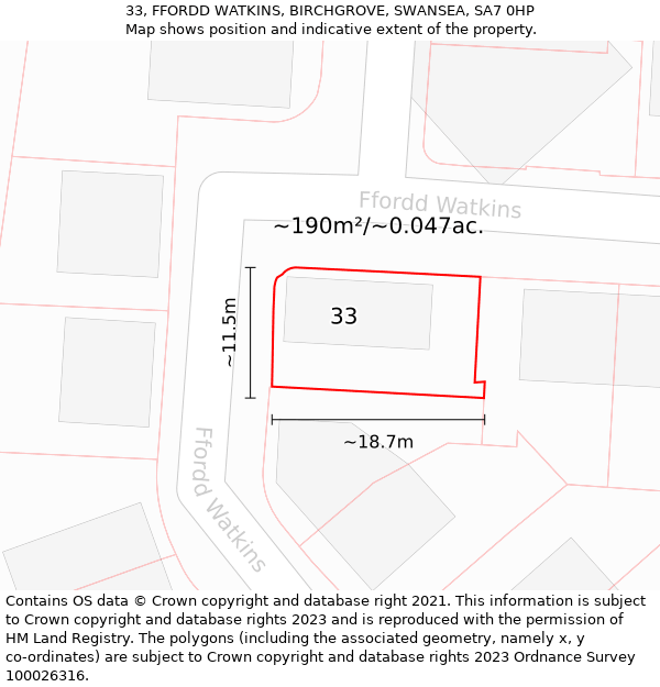 33, FFORDD WATKINS, BIRCHGROVE, SWANSEA, SA7 0HP: Plot and title map