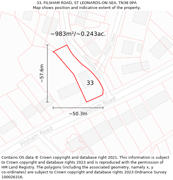 33, FILSHAM ROAD, ST LEONARDS-ON-SEA, TN38 0PA: Plot and title map