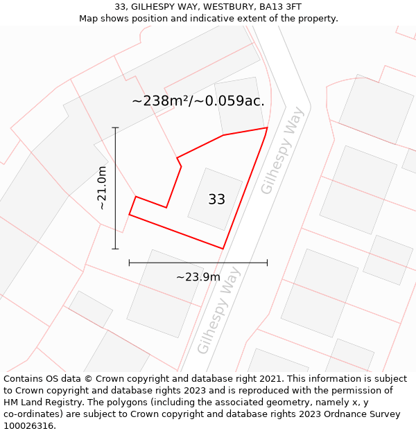 33, GILHESPY WAY, WESTBURY, BA13 3FT: Plot and title map