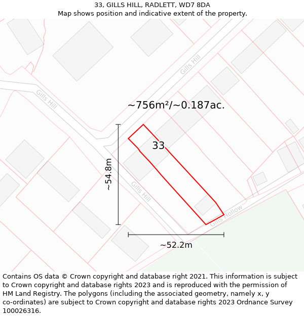 33, GILLS HILL, RADLETT, WD7 8DA: Plot and title map