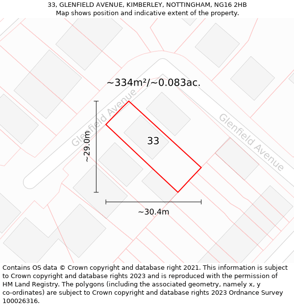 33, GLENFIELD AVENUE, KIMBERLEY, NOTTINGHAM, NG16 2HB: Plot and title map