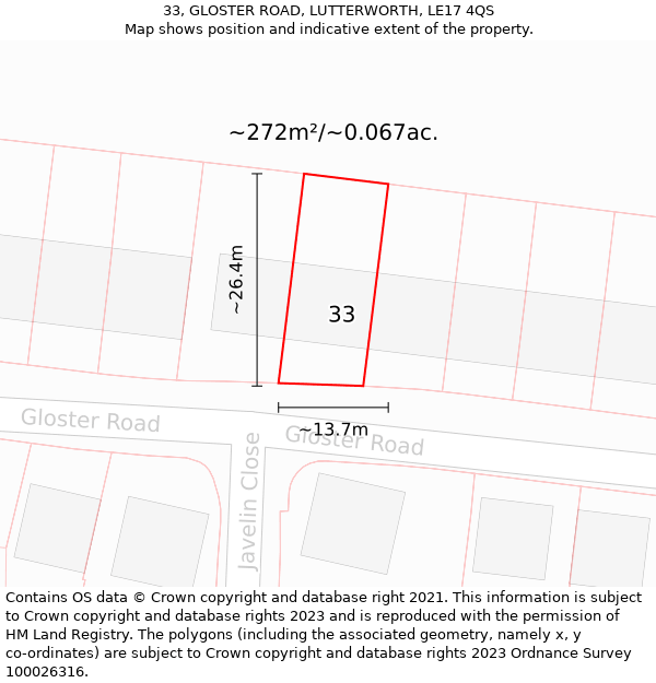 33, GLOSTER ROAD, LUTTERWORTH, LE17 4QS: Plot and title map