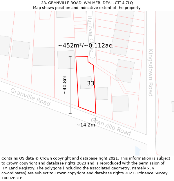 33, GRANVILLE ROAD, WALMER, DEAL, CT14 7LQ: Plot and title map