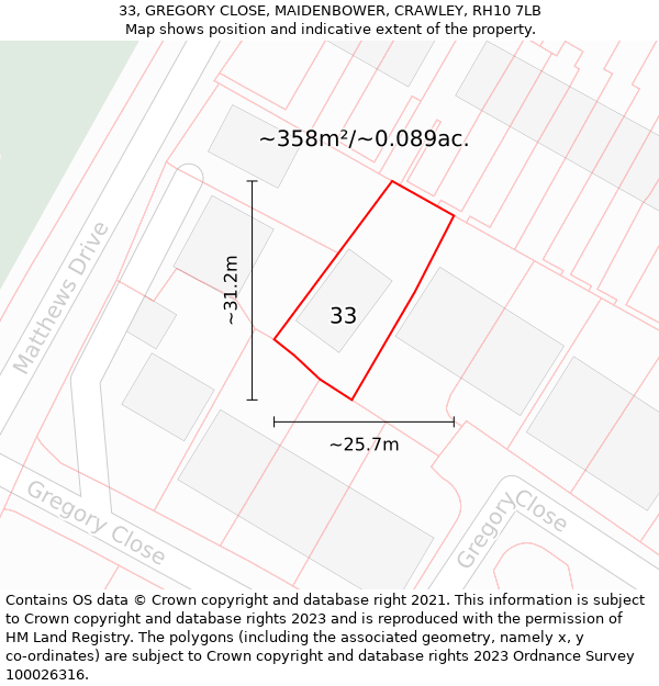 33, GREGORY CLOSE, MAIDENBOWER, CRAWLEY, RH10 7LB: Plot and title map