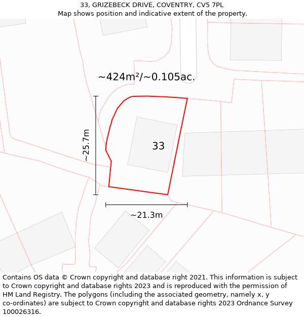 33, GRIZEBECK DRIVE, COVENTRY, CV5 7PL: Plot and title map