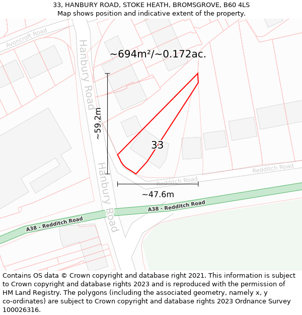 33, HANBURY ROAD, STOKE HEATH, BROMSGROVE, B60 4LS: Plot and title map