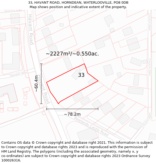 33, HAVANT ROAD, HORNDEAN, WATERLOOVILLE, PO8 0DB: Plot and title map