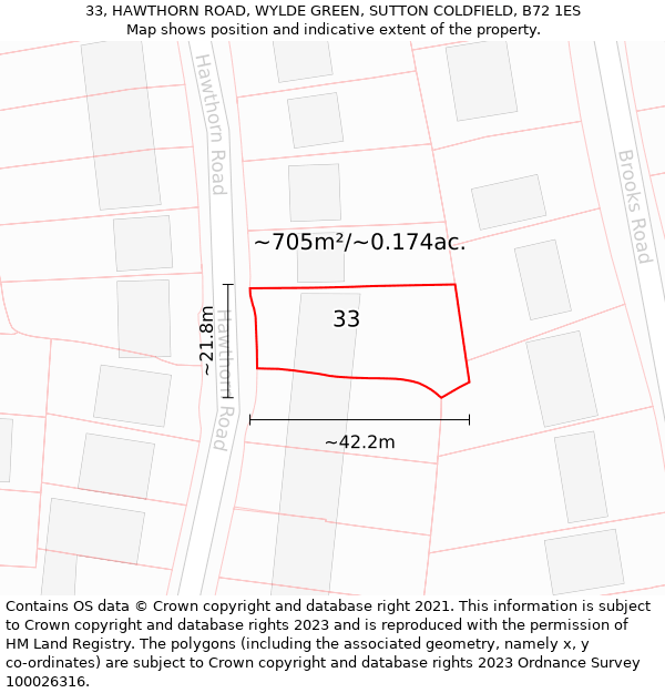 33, HAWTHORN ROAD, WYLDE GREEN, SUTTON COLDFIELD, B72 1ES: Plot and title map