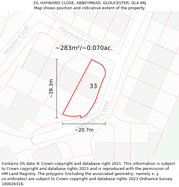 33, HAYWARD CLOSE, ABBEYMEAD, GLOUCESTER, GL4 4RJ: Plot and title map