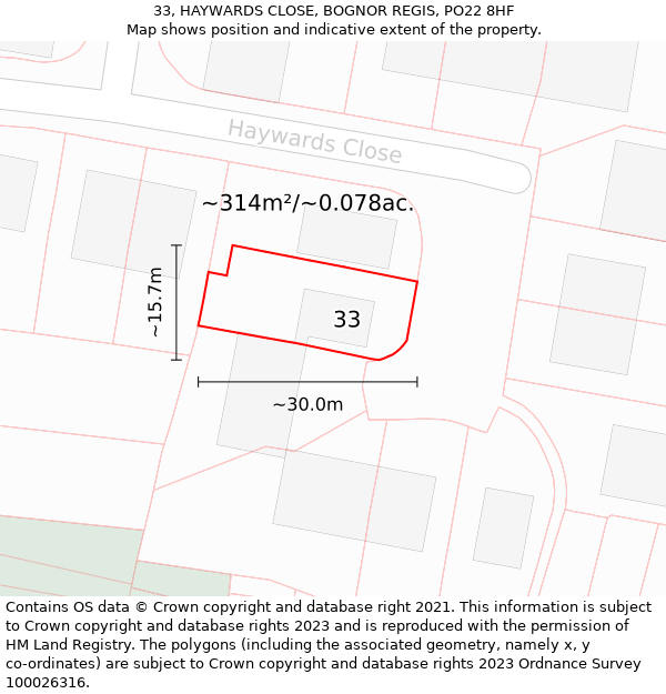 33, HAYWARDS CLOSE, BOGNOR REGIS, PO22 8HF: Plot and title map