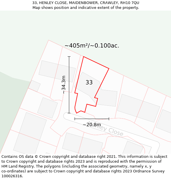33, HENLEY CLOSE, MAIDENBOWER, CRAWLEY, RH10 7QU: Plot and title map