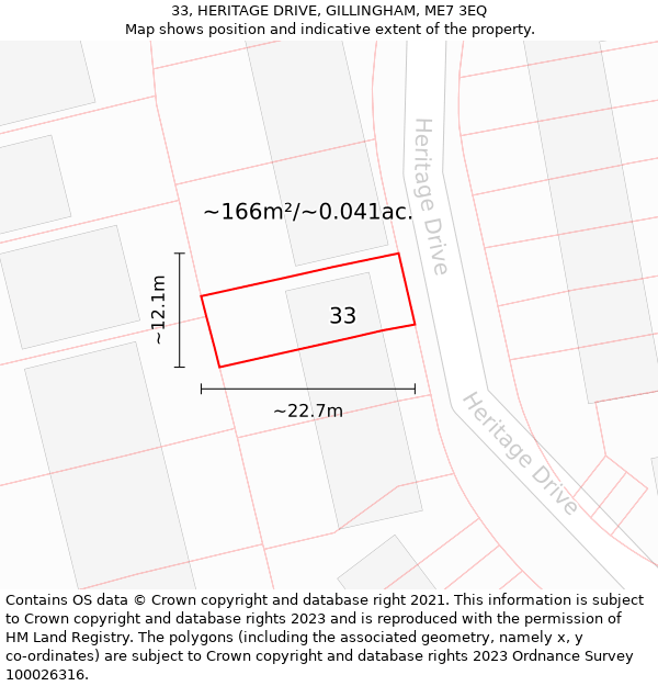 33, HERITAGE DRIVE, GILLINGHAM, ME7 3EQ: Plot and title map