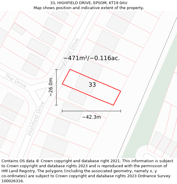 33, HIGHFIELD DRIVE, EPSOM, KT19 0AU: Plot and title map