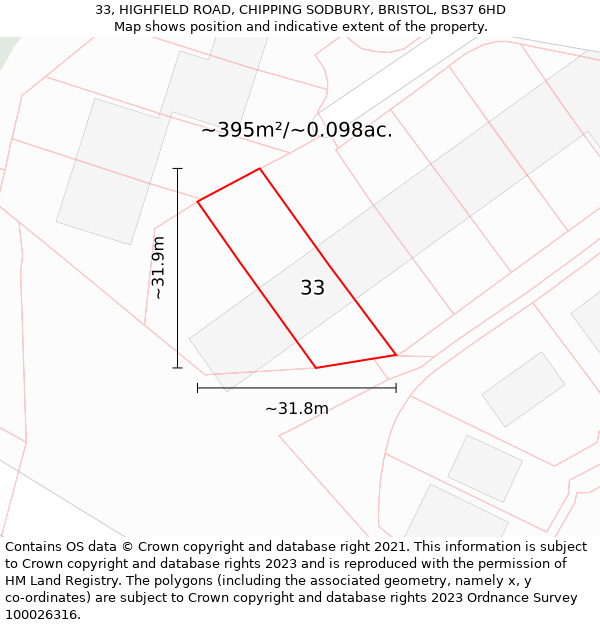 33, HIGHFIELD ROAD, CHIPPING SODBURY, BRISTOL, BS37 6HD: Plot and title map