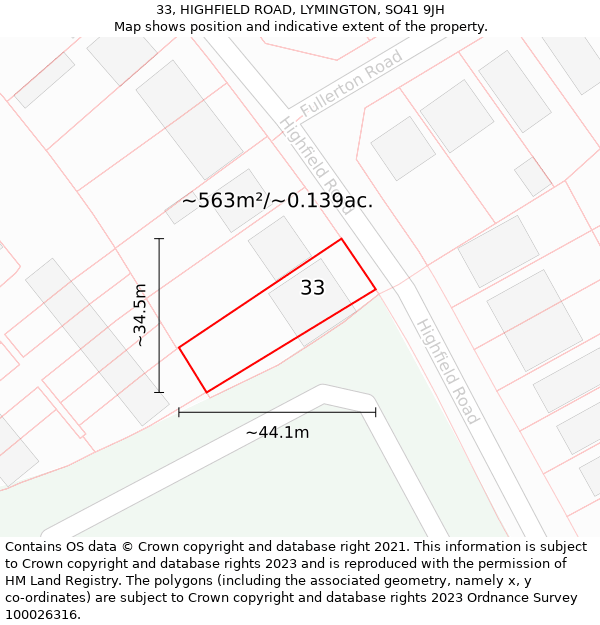 33, HIGHFIELD ROAD, LYMINGTON, SO41 9JH: Plot and title map