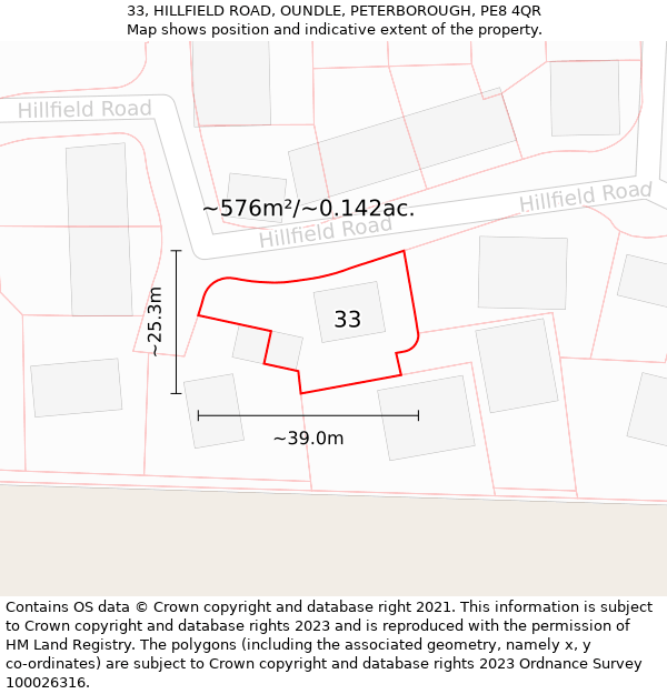 33, HILLFIELD ROAD, OUNDLE, PETERBOROUGH, PE8 4QR: Plot and title map