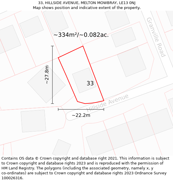 33, HILLSIDE AVENUE, MELTON MOWBRAY, LE13 0NJ: Plot and title map