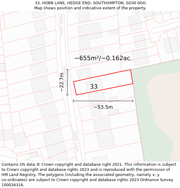 33, HOBB LANE, HEDGE END, SOUTHAMPTON, SO30 0GG: Plot and title map