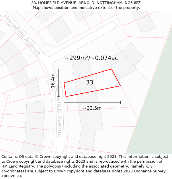 33, HOMEFIELD AVENUE, ARNOLD, NOTTINGHAM, NG5 8FZ: Plot and title map