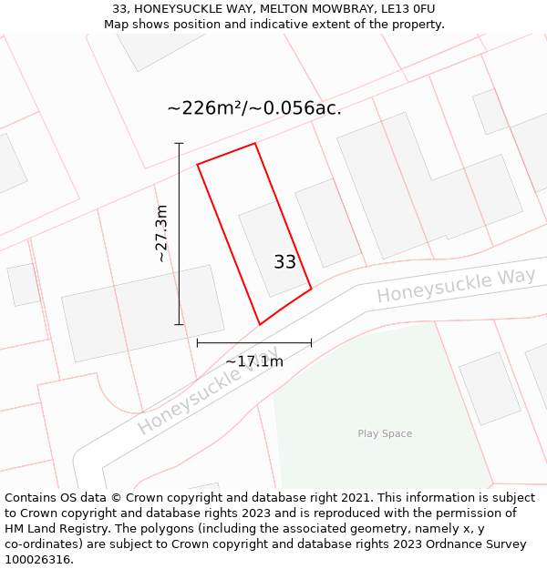 33, HONEYSUCKLE WAY, MELTON MOWBRAY, LE13 0FU: Plot and title map