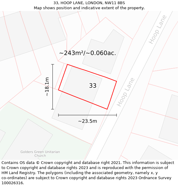 33, HOOP LANE, LONDON, NW11 8BS: Plot and title map