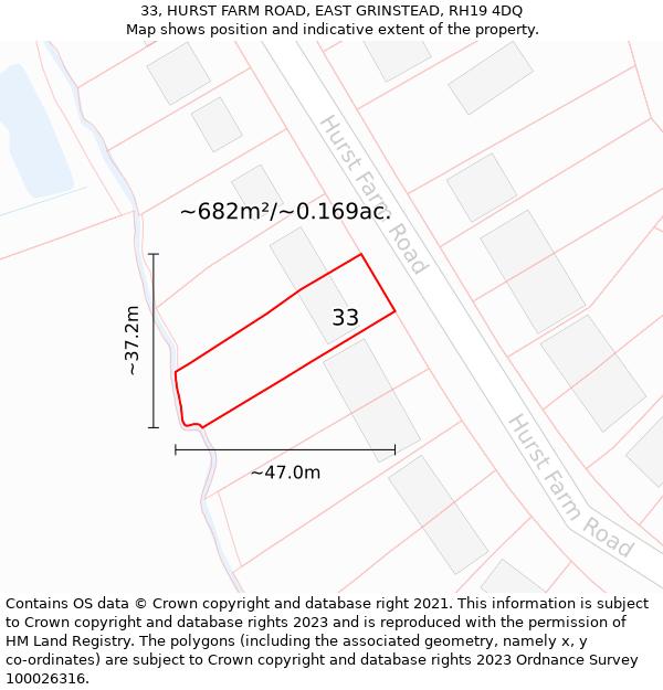 33, HURST FARM ROAD, EAST GRINSTEAD, RH19 4DQ: Plot and title map