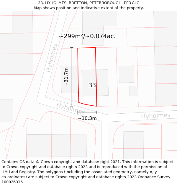 33, HYHOLMES, BRETTON, PETERBOROUGH, PE3 8LG: Plot and title map