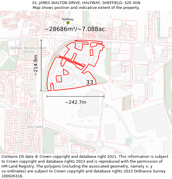 33, JAMES WALTON DRIVE, HALFWAY, SHEFFIELD, S20 3GN: Plot and title map