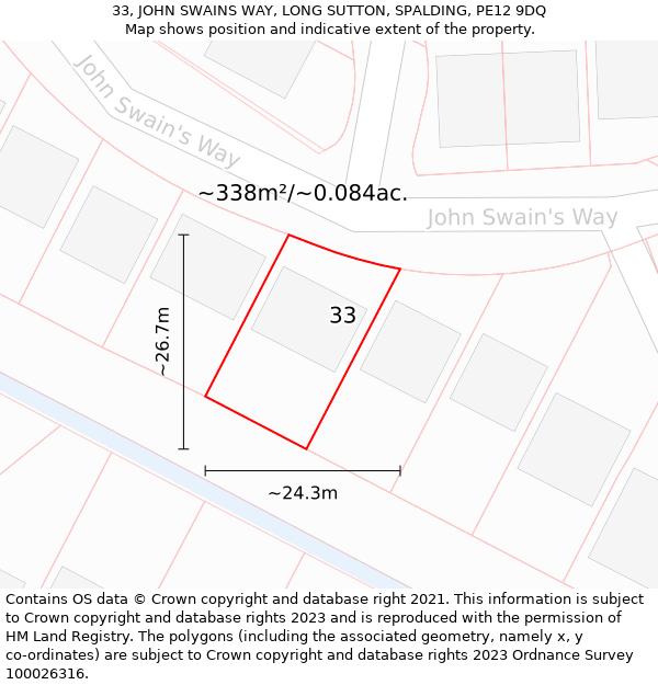 33, JOHN SWAINS WAY, LONG SUTTON, SPALDING, PE12 9DQ: Plot and title map