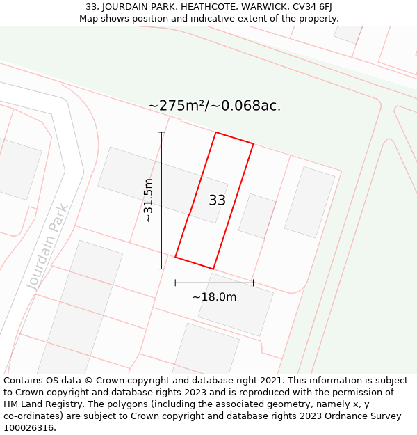 33, JOURDAIN PARK, HEATHCOTE, WARWICK, CV34 6FJ: Plot and title map