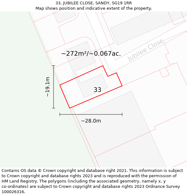 33, JUBILEE CLOSE, SANDY, SG19 1RR: Plot and title map