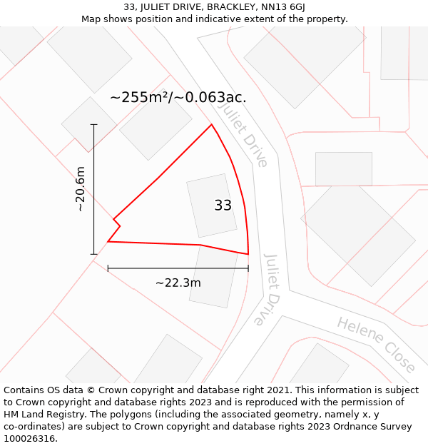 33, JULIET DRIVE, BRACKLEY, NN13 6GJ: Plot and title map