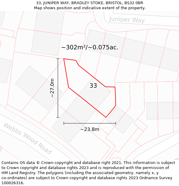 33, JUNIPER WAY, BRADLEY STOKE, BRISTOL, BS32 0BR: Plot and title map