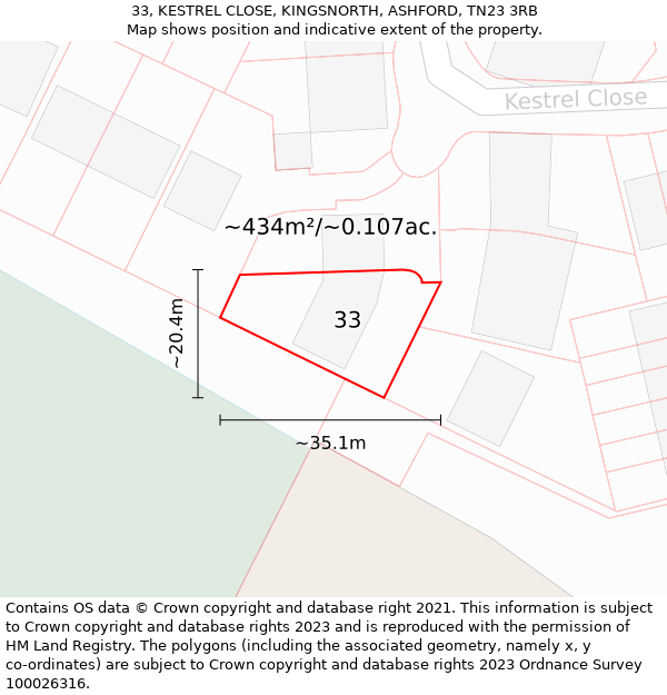 33, KESTREL CLOSE, KINGSNORTH, ASHFORD, TN23 3RB: Plot and title map