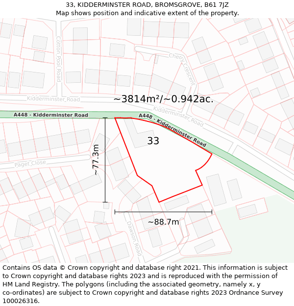 33, KIDDERMINSTER ROAD, BROMSGROVE, B61 7JZ: Plot and title map