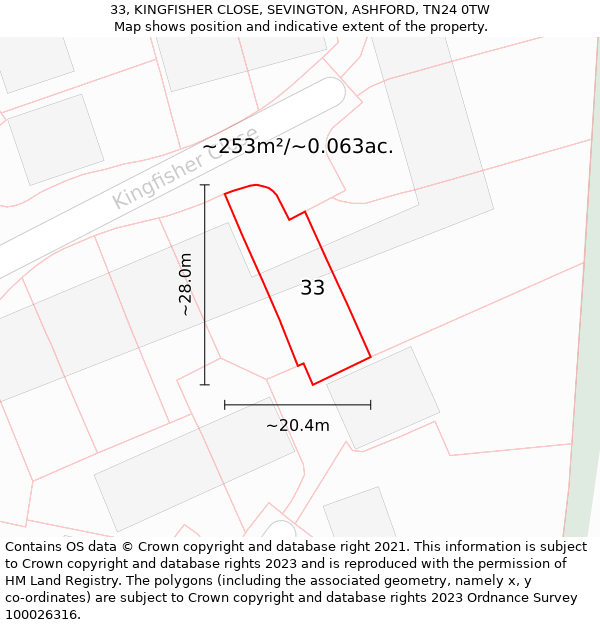 33, KINGFISHER CLOSE, SEVINGTON, ASHFORD, TN24 0TW: Plot and title map