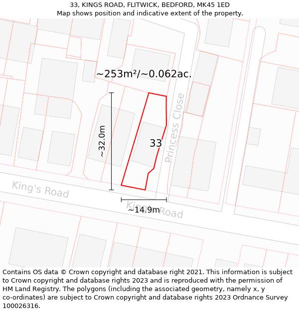 33, KINGS ROAD, FLITWICK, BEDFORD, MK45 1ED: Plot and title map