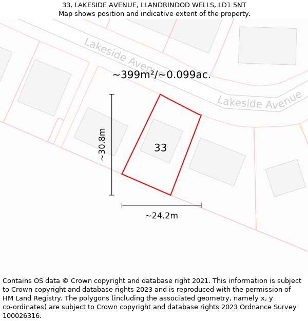 33, LAKESIDE AVENUE, LLANDRINDOD WELLS, LD1 5NT: Plot and title map