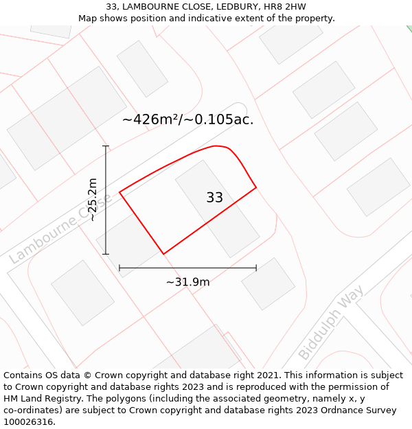 33, LAMBOURNE CLOSE, LEDBURY, HR8 2HW: Plot and title map