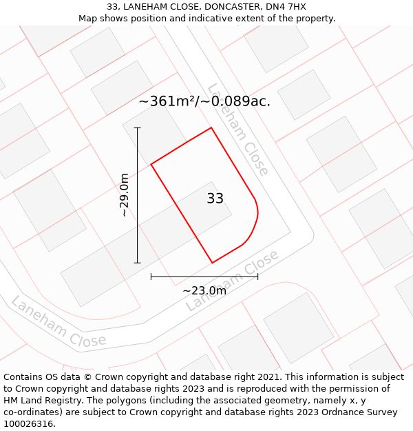 33, LANEHAM CLOSE, DONCASTER, DN4 7HX: Plot and title map