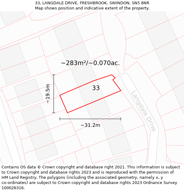 33, LANGDALE DRIVE, FRESHBROOK, SWINDON, SN5 8NR: Plot and title map