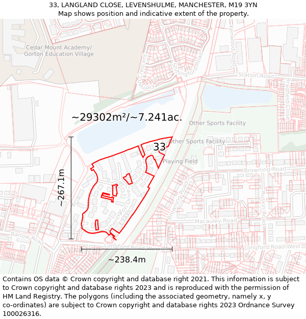 33, LANGLAND CLOSE, LEVENSHULME, MANCHESTER, M19 3YN: Plot and title map